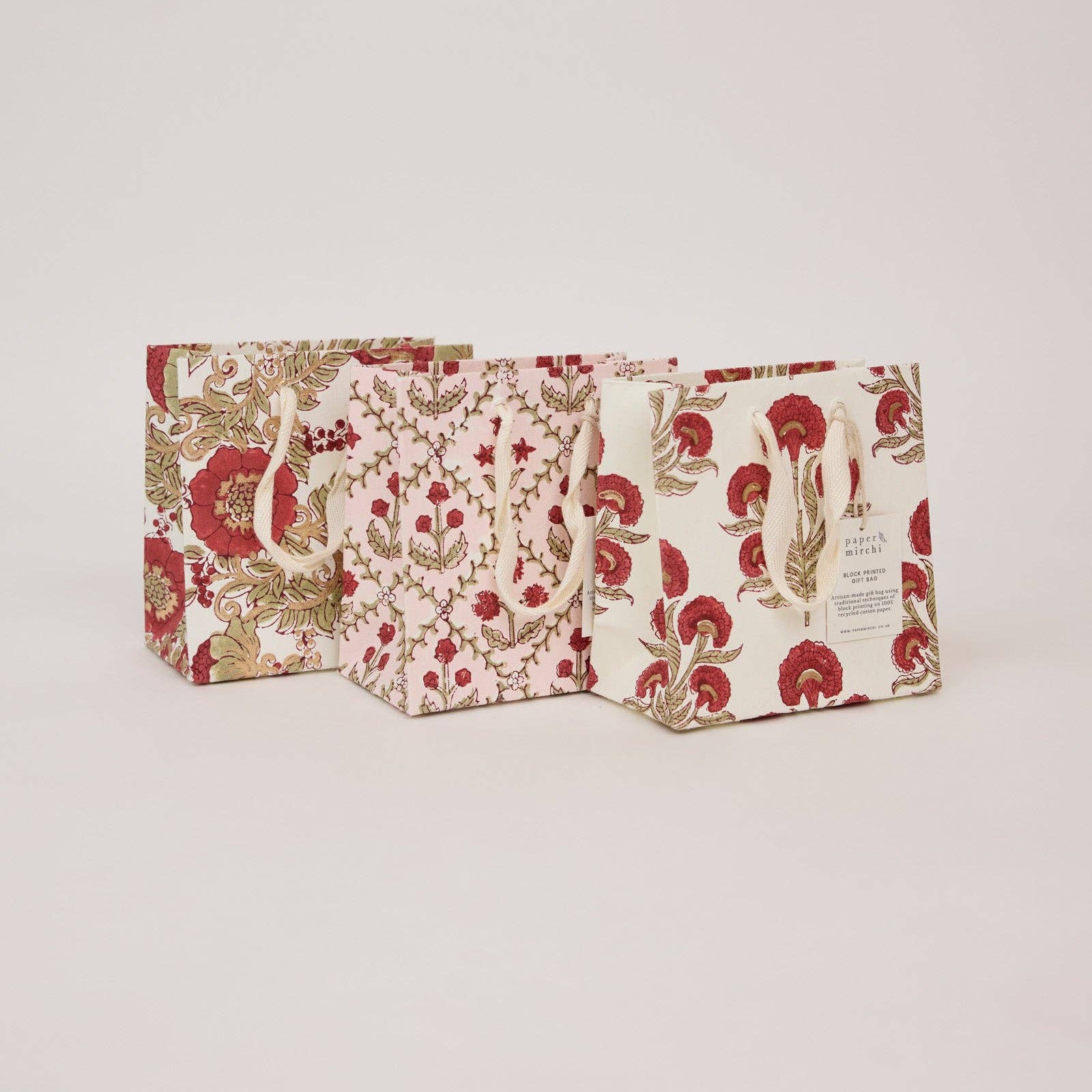 Block Printed Gift Bags (Small) - Winter Red