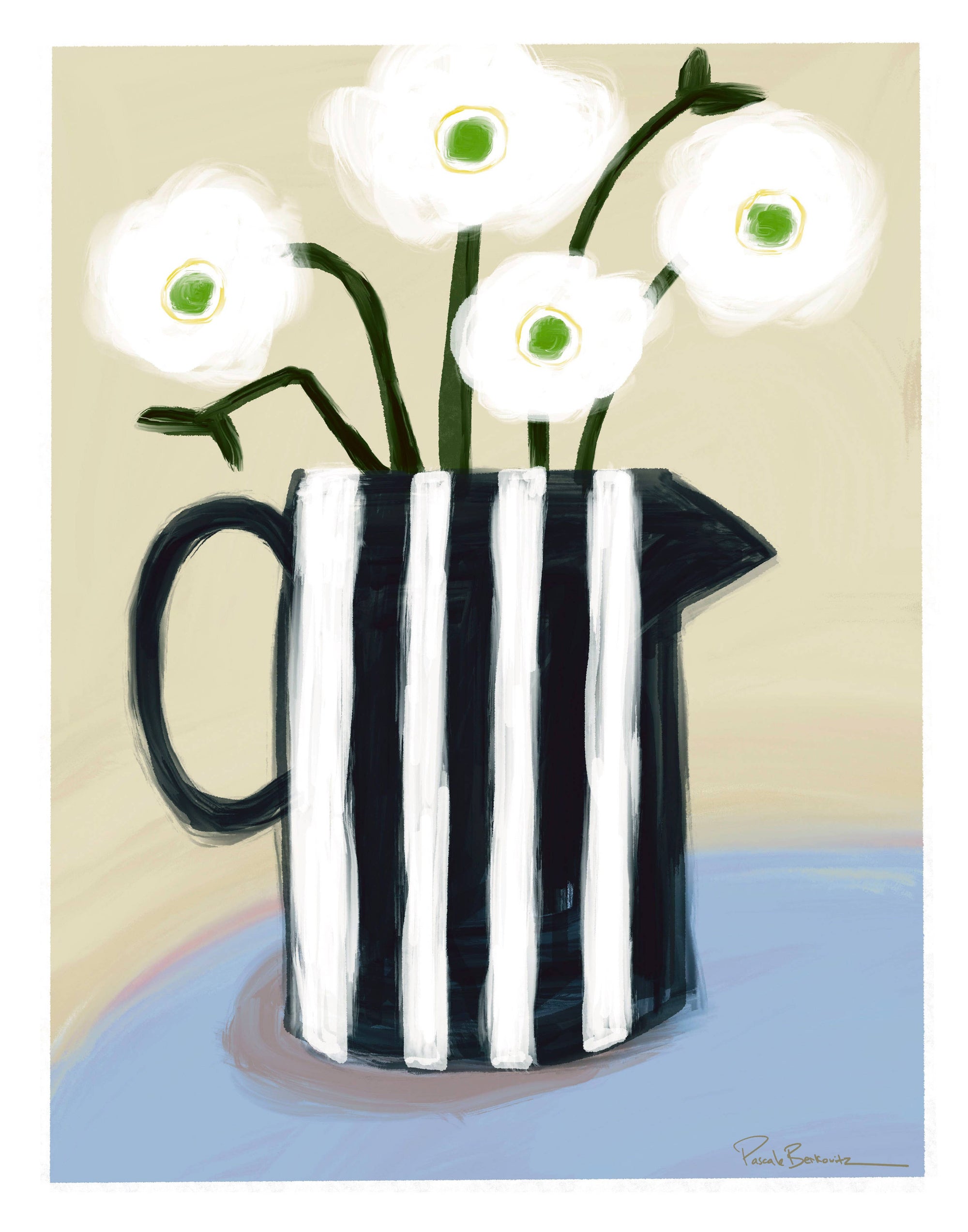 Anemones Art Print: Floral Still Life in Striped Vase