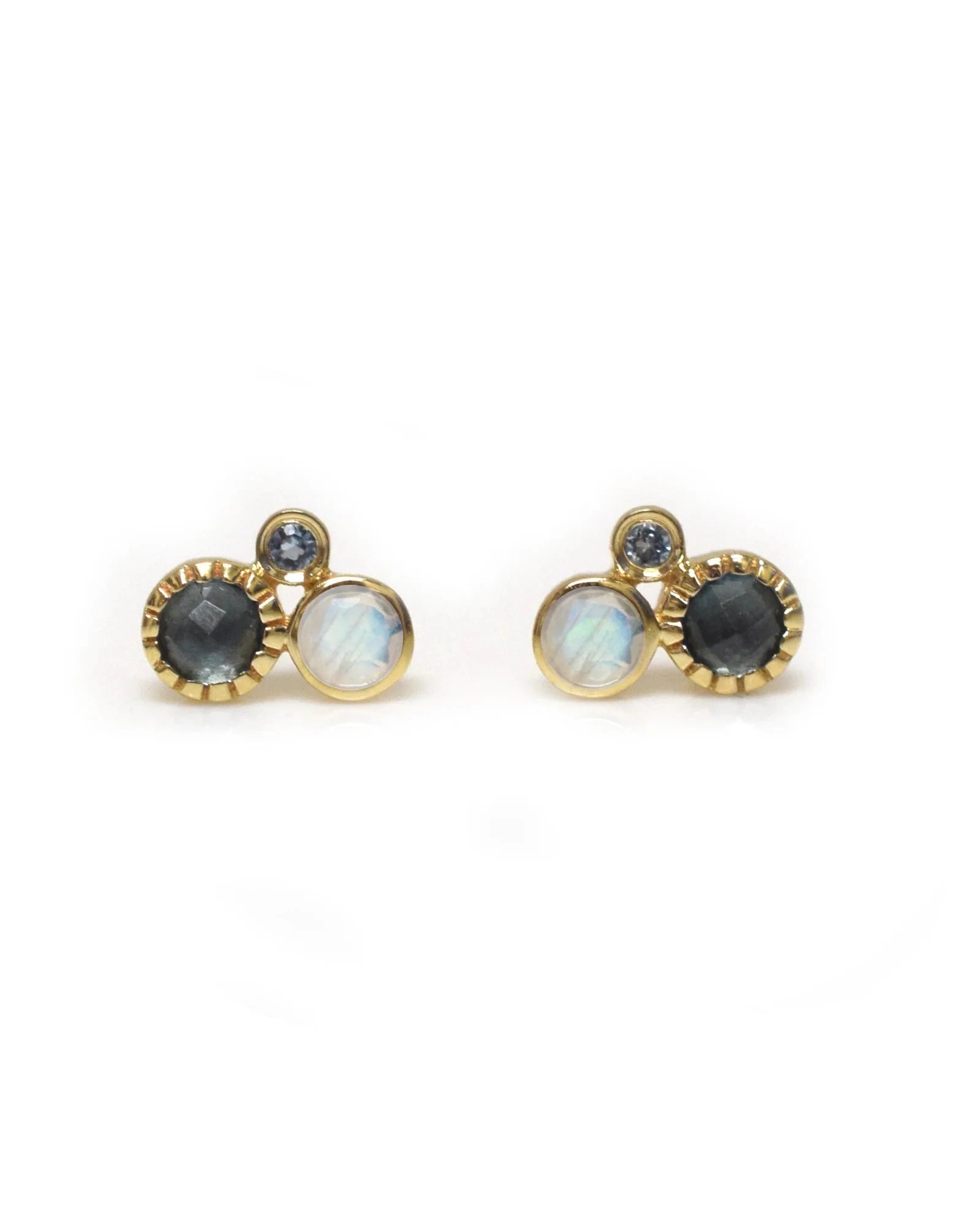 Rainbow Moonstone, London Blue Topaz, & Aquamarine Studs