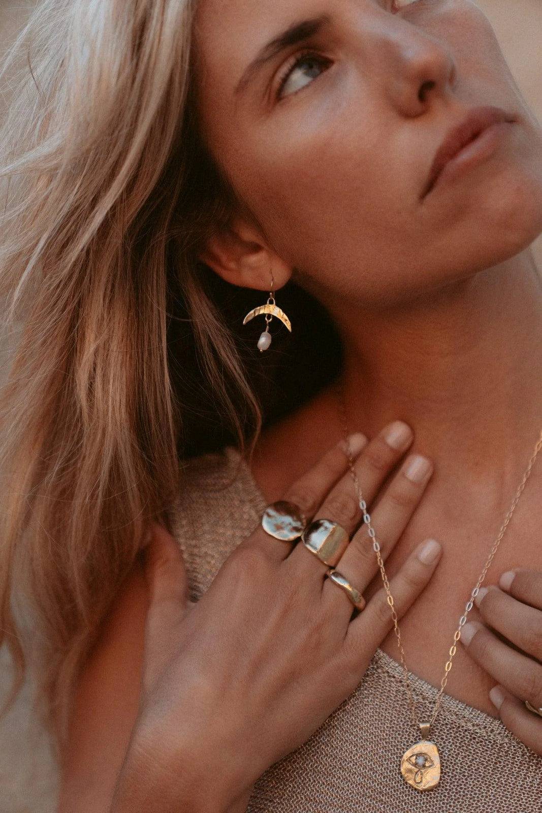 Cressida Gold Pearl Moon Earrings