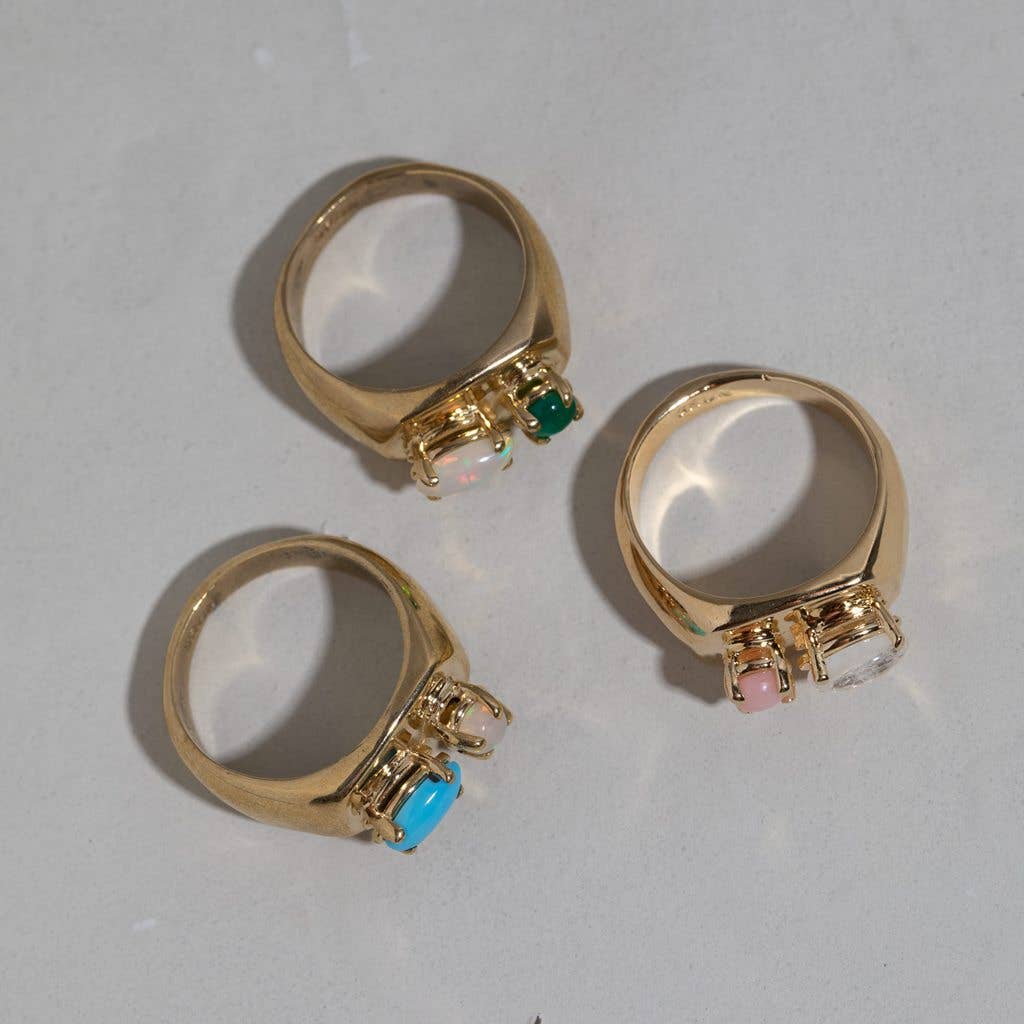 Chunky Signet in Green Onyx and Opal/Gold