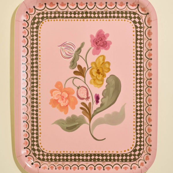 Pink Floral Illustrated Bent Birch Serving Tray