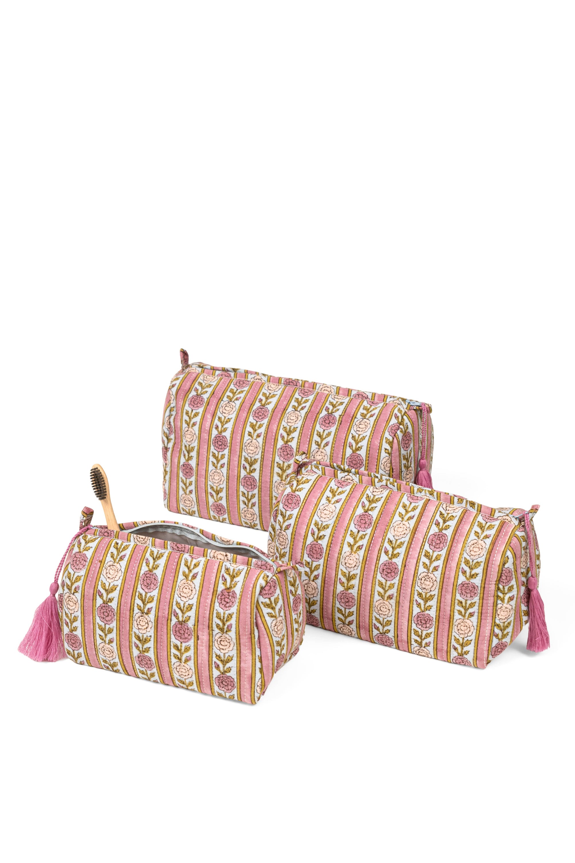 Vintage Floral Stripes Block Print Makeup Bag in Purple