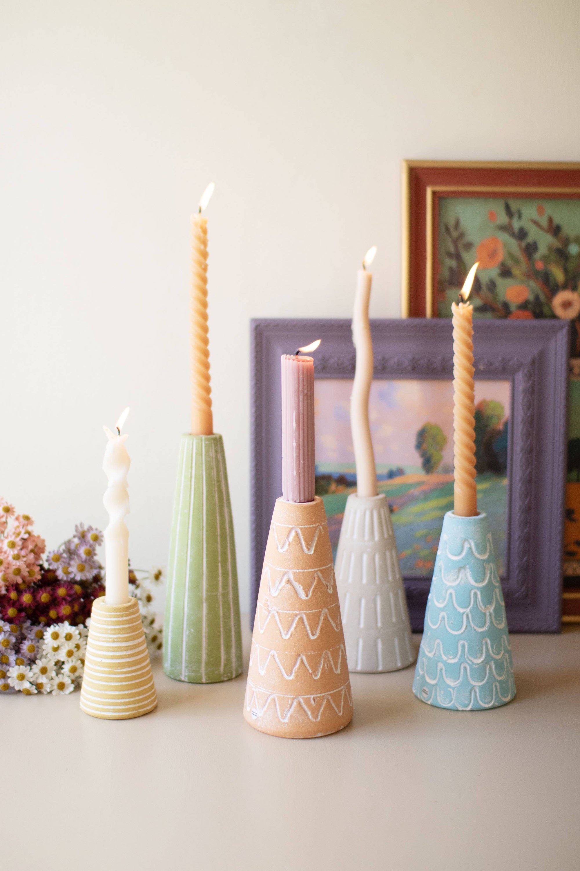 PAINTED CLAY PARTY HAT TAPER HOLDERS