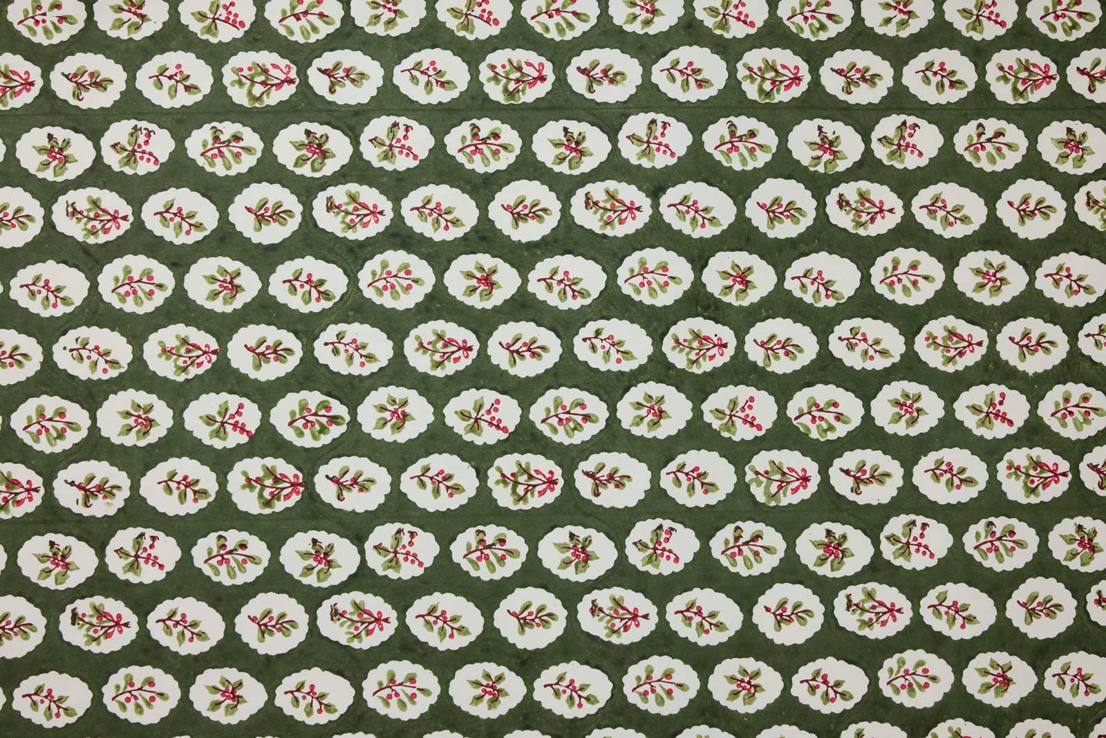 Block Printed Wrapping Paper Sheets - Scallop Tiles Holly Green