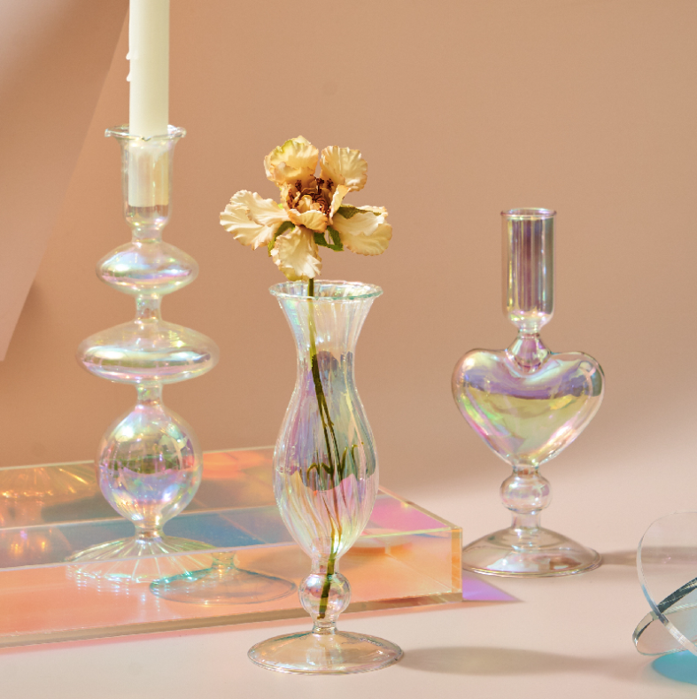 Rainbow Pearl Glass Candlestick Holder