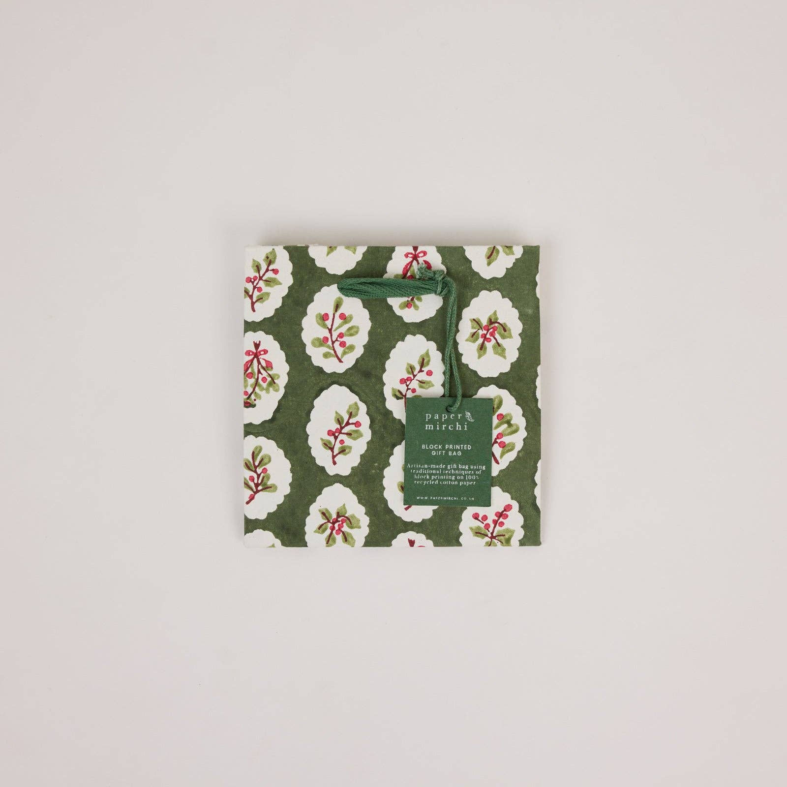 Block Printed Gift Bags (Small) - Holly Green