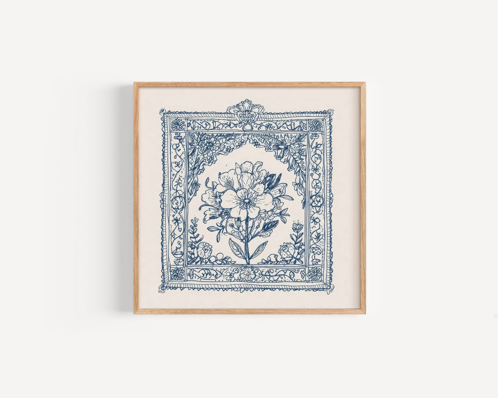 Floral Damask Art Print, Blue floral line art