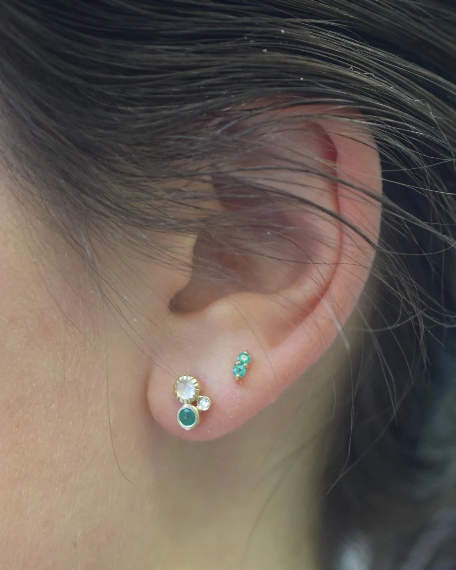 Emerald, Rainbow Moonstone, & Diamond Cluster Stud (single)
