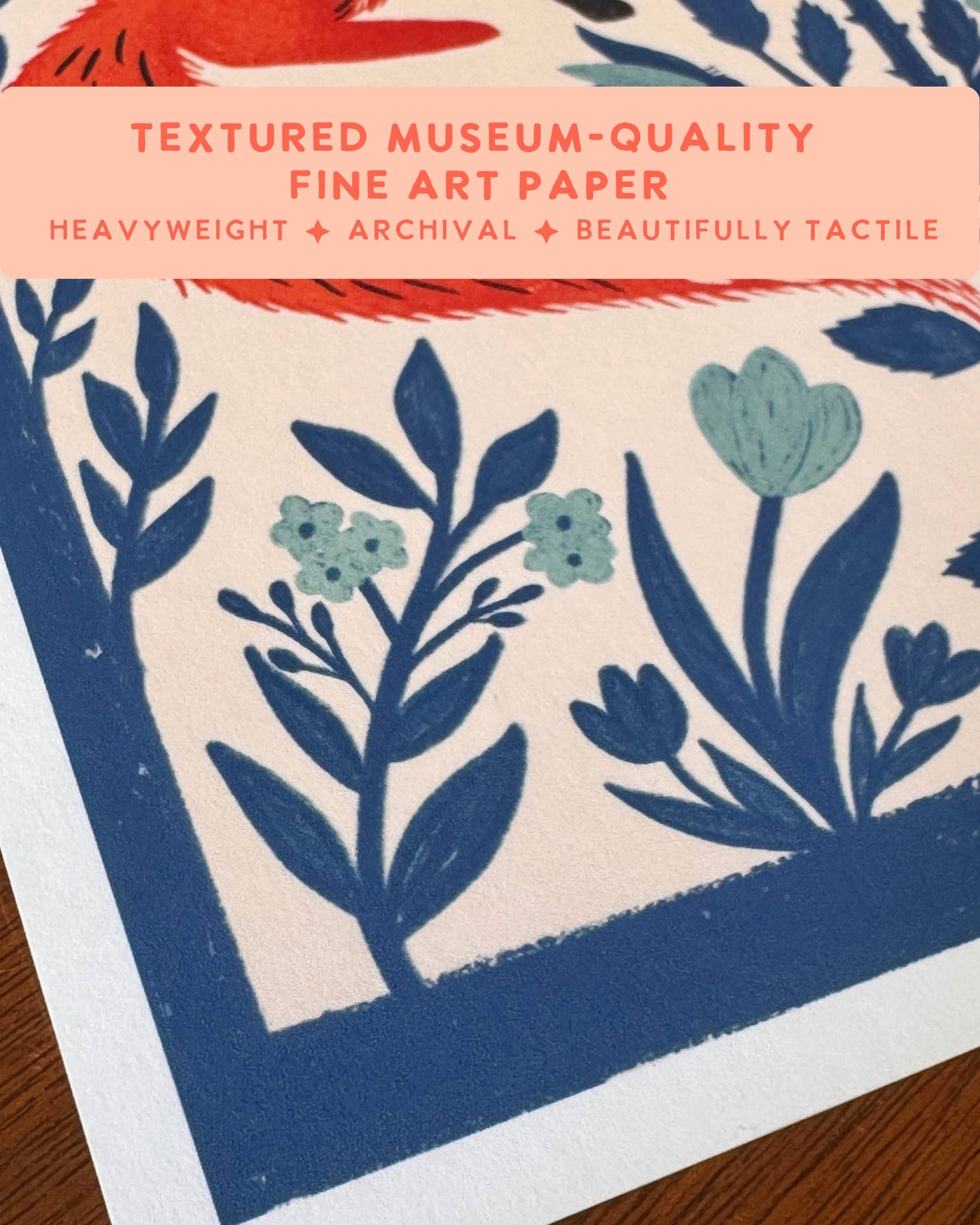 Blue Fox Florals Folk Art Print