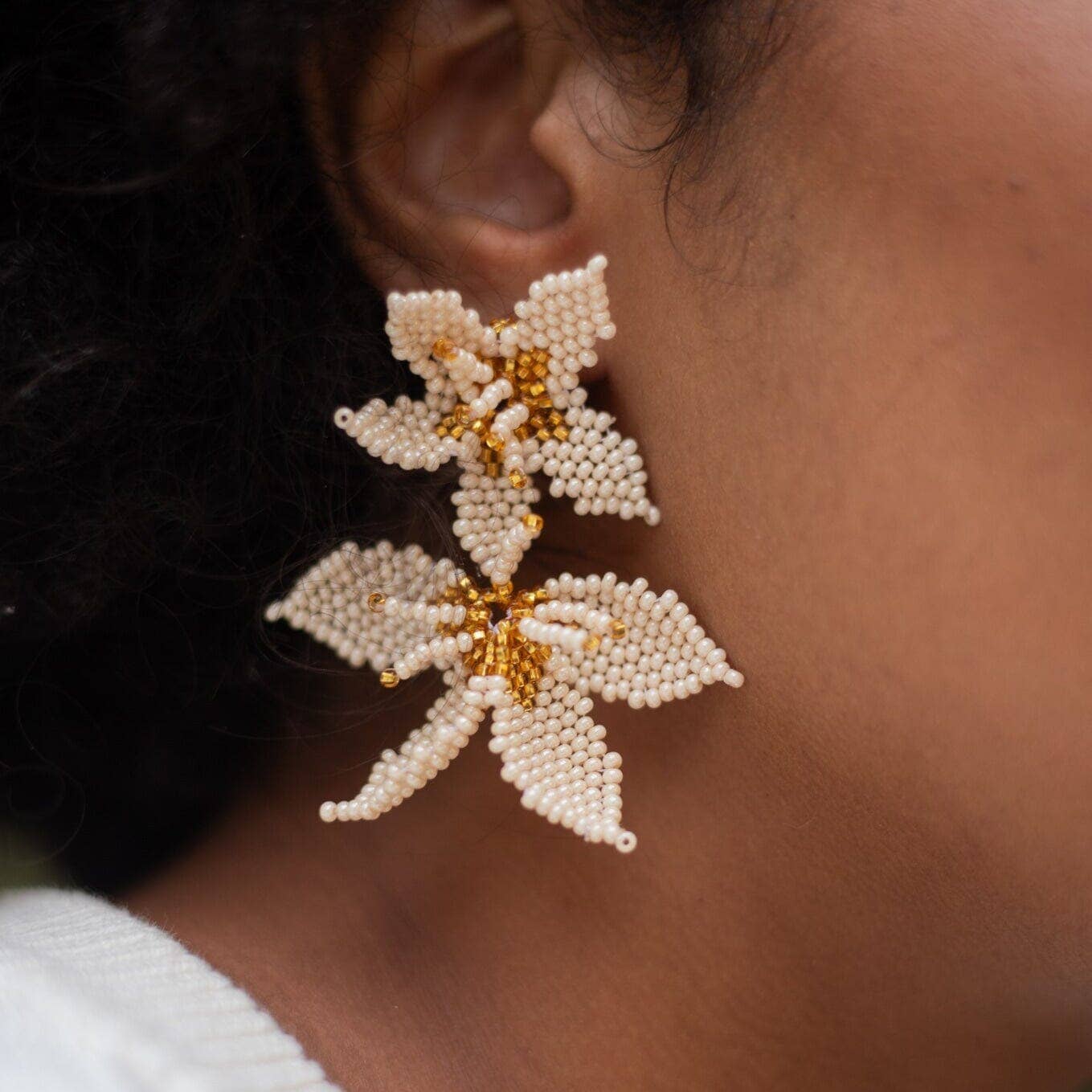 Morning Glory - Beaded Earrings in a White Floral Shape