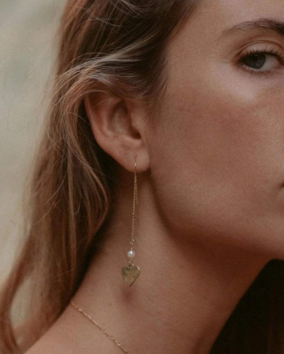 Rhiannon Gold Pearl Heart Threader Earrings