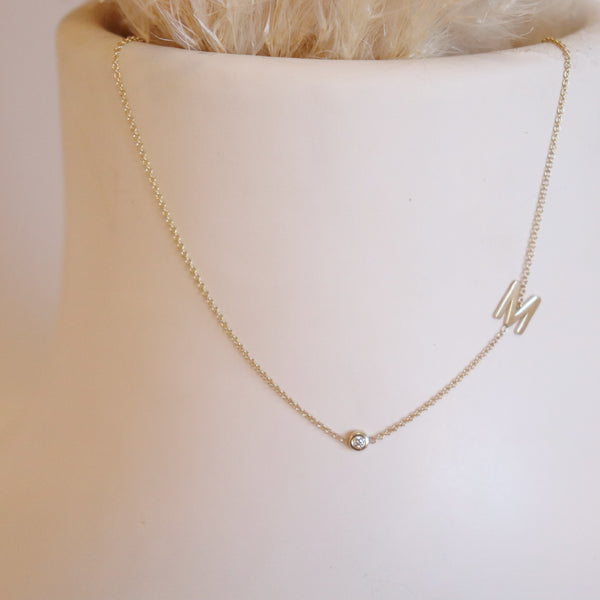 Asymmetrical Initial and Bezel Diamond Necklace