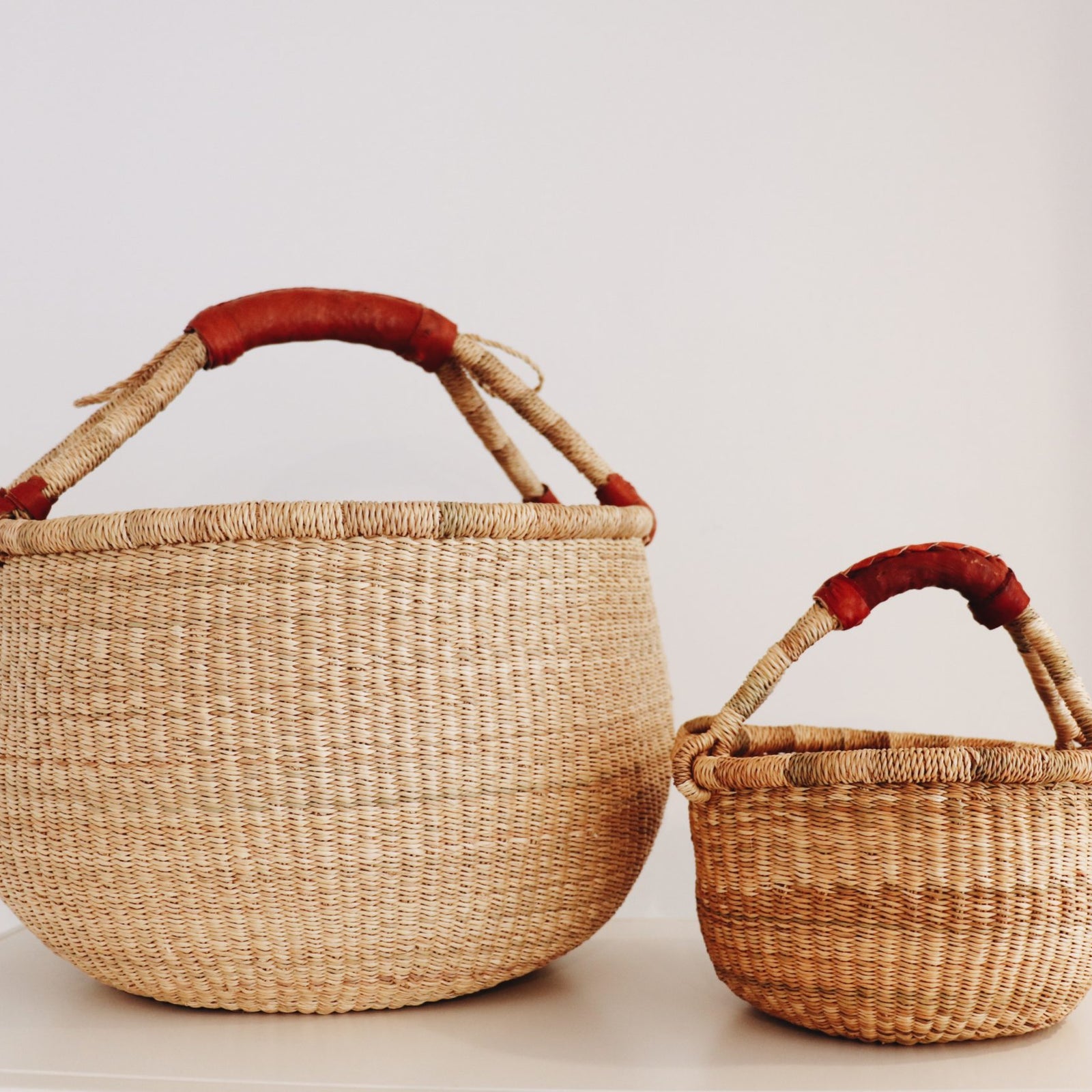 Natural Woven Basket with Leather Handle