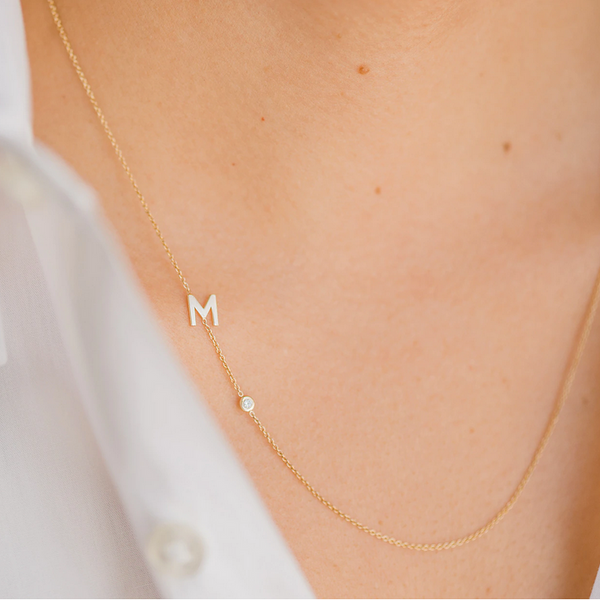 Asymmetrical Initial and Bezel Diamond Necklace