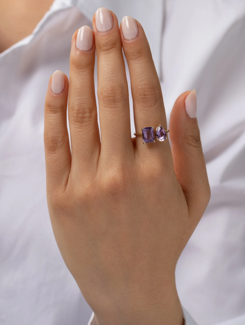 Amethyst Emerald and Pear Shape Toi et Moi Ring