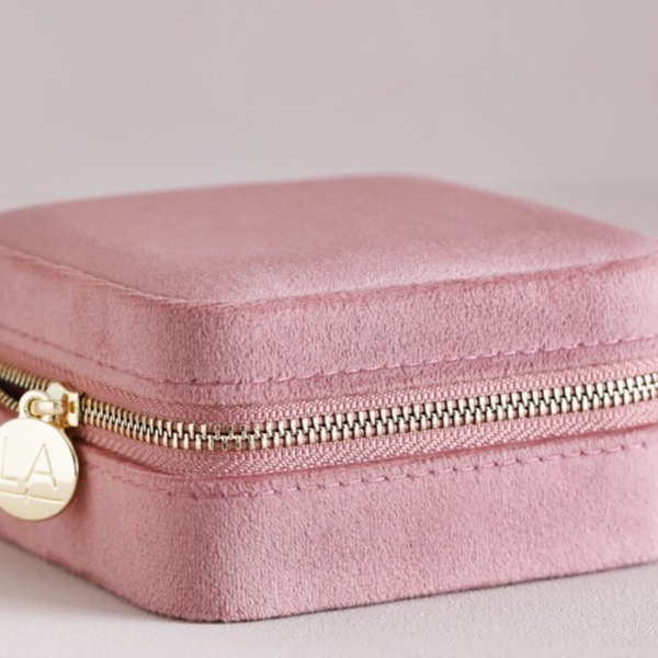 Rose Pink Velvet Square Travel Jewelry Case