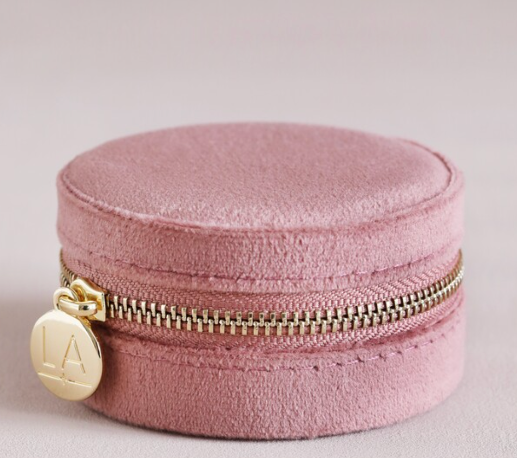 Rose Pink Velvet Round Travel Jewelry Case